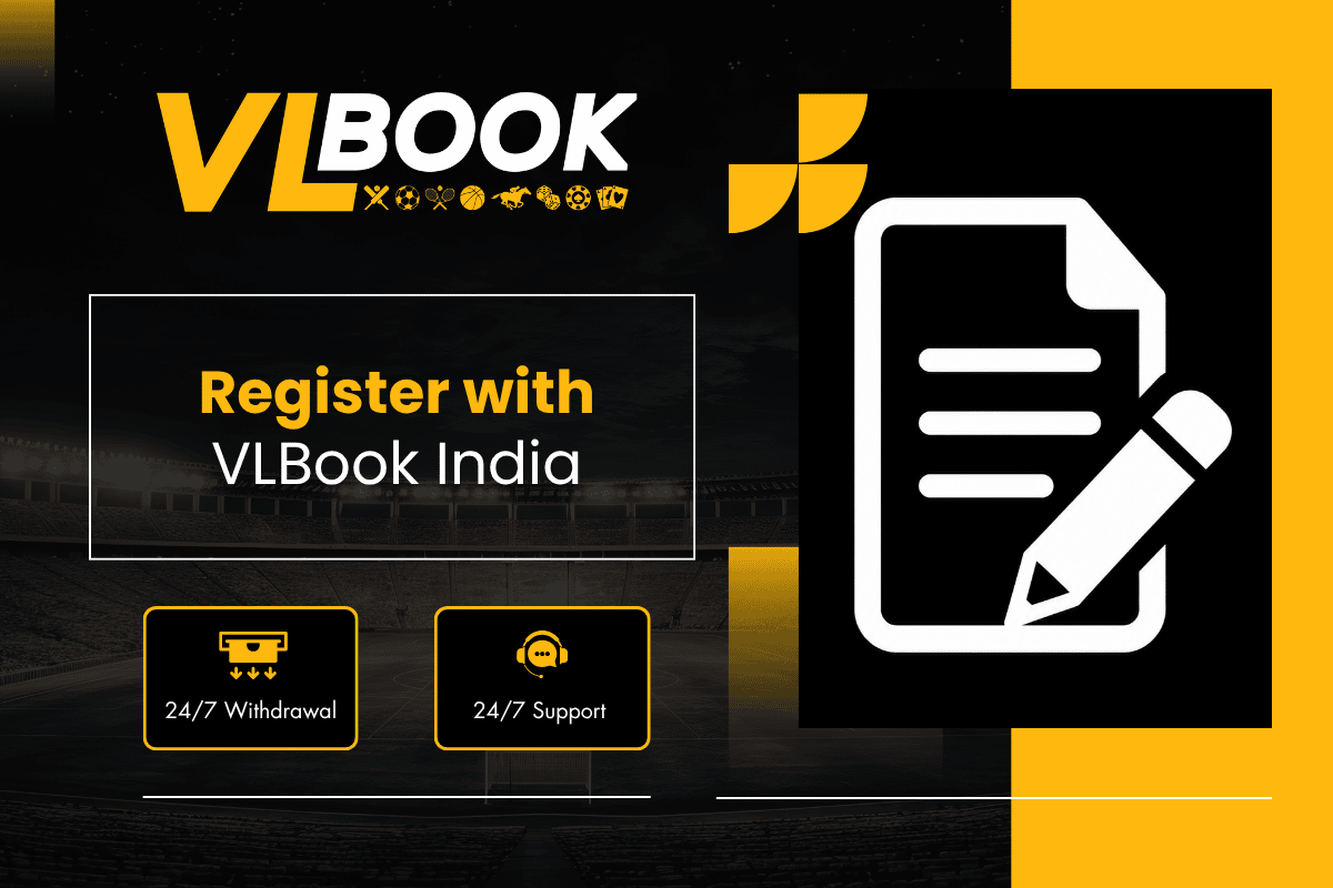VLBook register poster showing create betting account online with 24/7 withdrawal, 24/7 support & secure registration for Indian users.