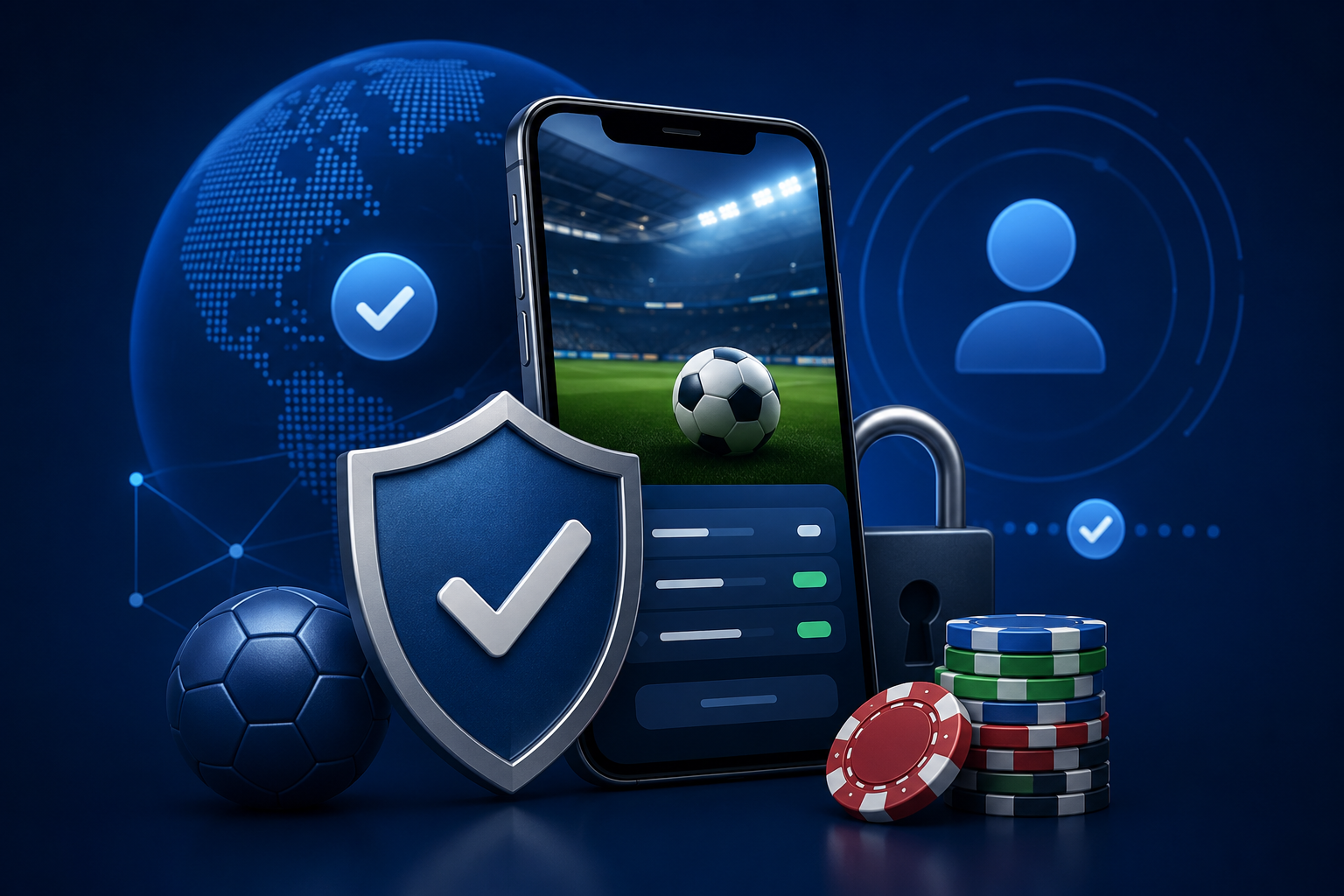 Illustration of a secure betting app with smartphone, security shield, encryption lock, and gaming elements representing safe book betting app downloads.