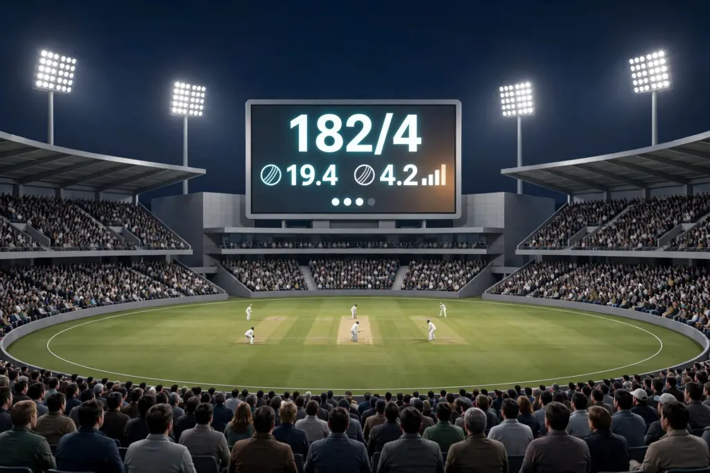 Crowd watching live match in stadium with big screen showing Super 8 T20 World Cup table and live score