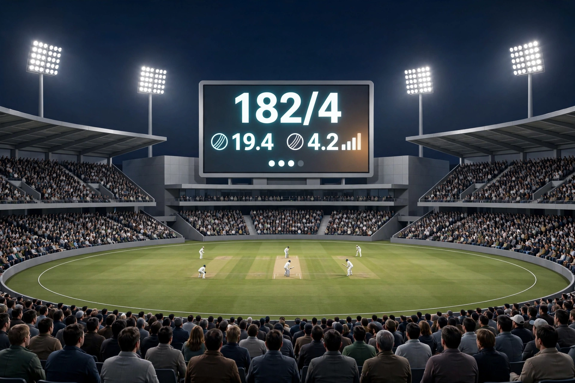 Crowd watching live match in stadium with big screen showing Super 8 T20 World Cup table and live score