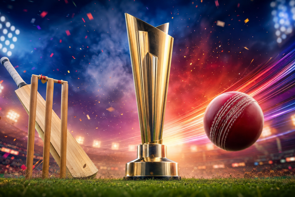 T20 World Cup points table concept featuring a cricket trophy, red cricket ball, bat, and wickets in a stadium