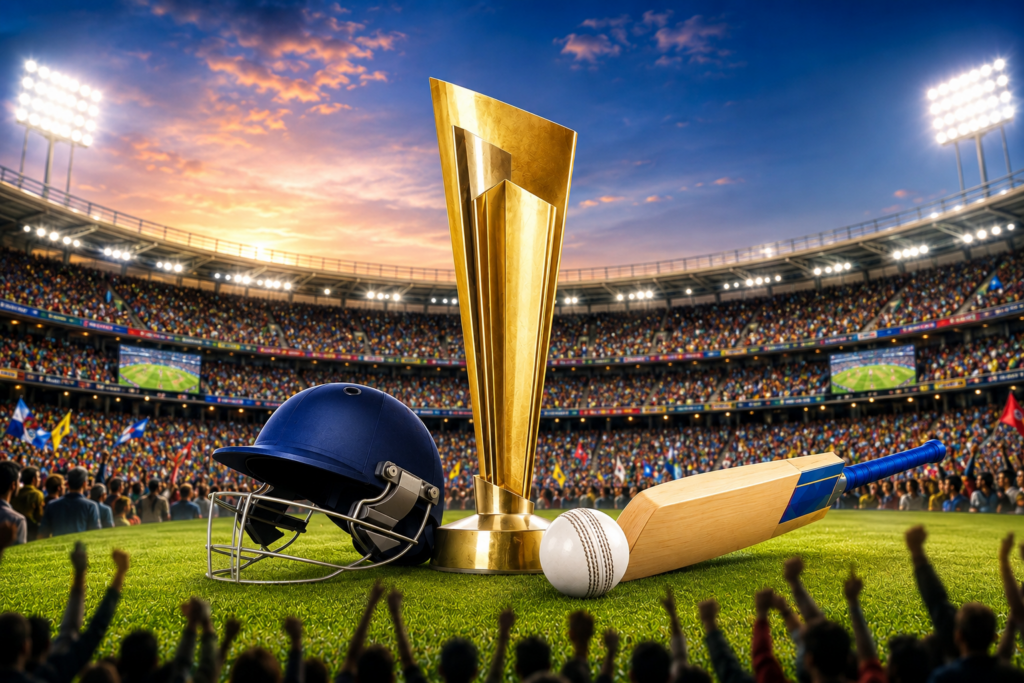 ICC Men's T20 World Cup Qualifier 2026 cricket stadium with trophy, bat, ball and helmet