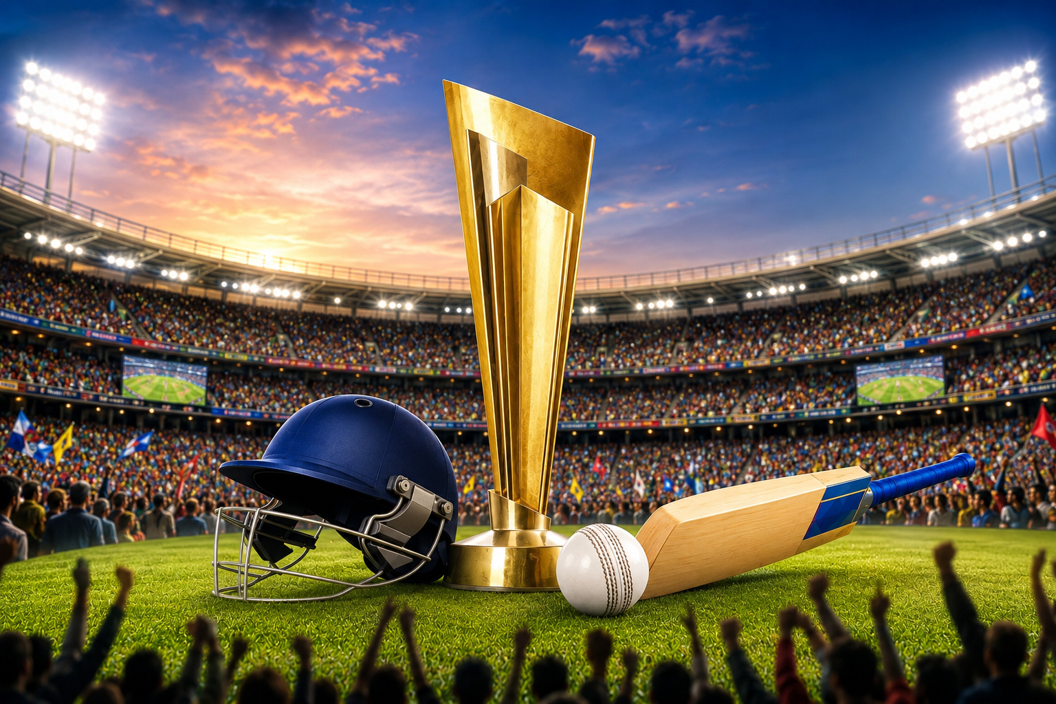 ICC Men's T20 World Cup Qualifier 2026 cricket stadium with trophy, bat, ball and helmet