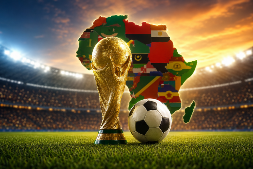 African football World Cup qualifiers 2026 featuring the trophy, soccer ball and African map with national flags