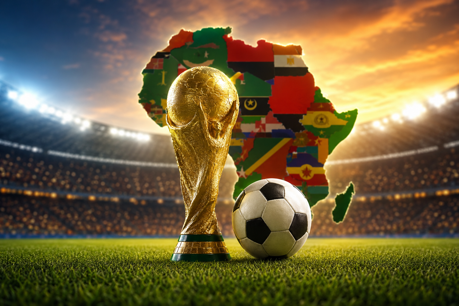 African football World Cup qualifiers 2026 featuring the trophy, soccer ball and African map with national flags