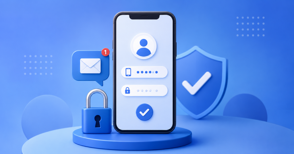 VLBook phone login with a smartphone, OTP verification, mobile number sign-in, and account security icons