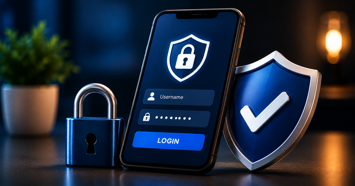 Account Security for VLBook login with smartphone, password, lock and verification shield