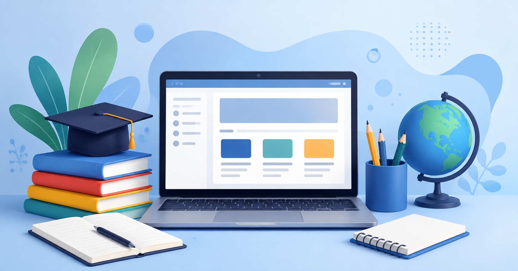VLBook for students study betting guide with laptop, books, graduation cap and globe