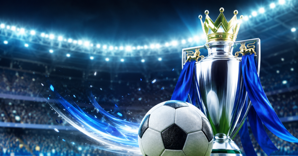 Premier League trophy and football in stadium representing Barclays Premier League fixtures table and EPL match schedule