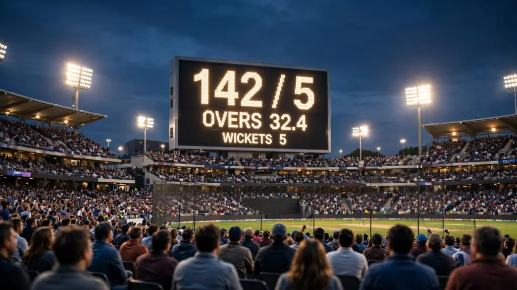u19 world cup cricket score displayed on stadium scoreboard during Under-19 World Cup live score match with crowd watching
