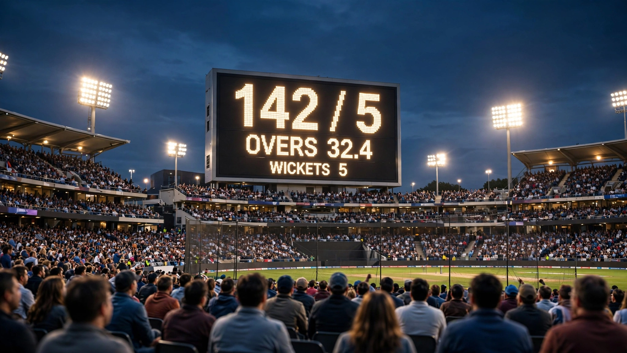 u19 world cup cricket score displayed on stadium scoreboard during Under-19 World Cup live score match with crowd watching