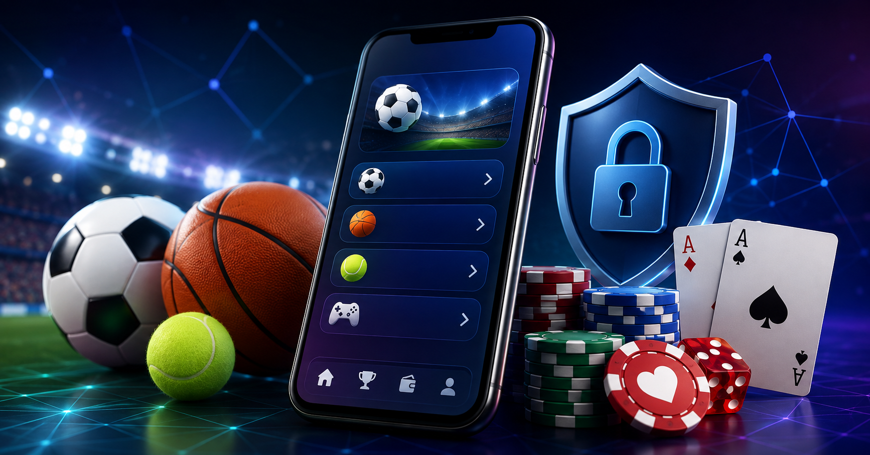 VLBook betting app concept with smartphone, sports betting options, casino chips, playing cards, dice, and digital security shield