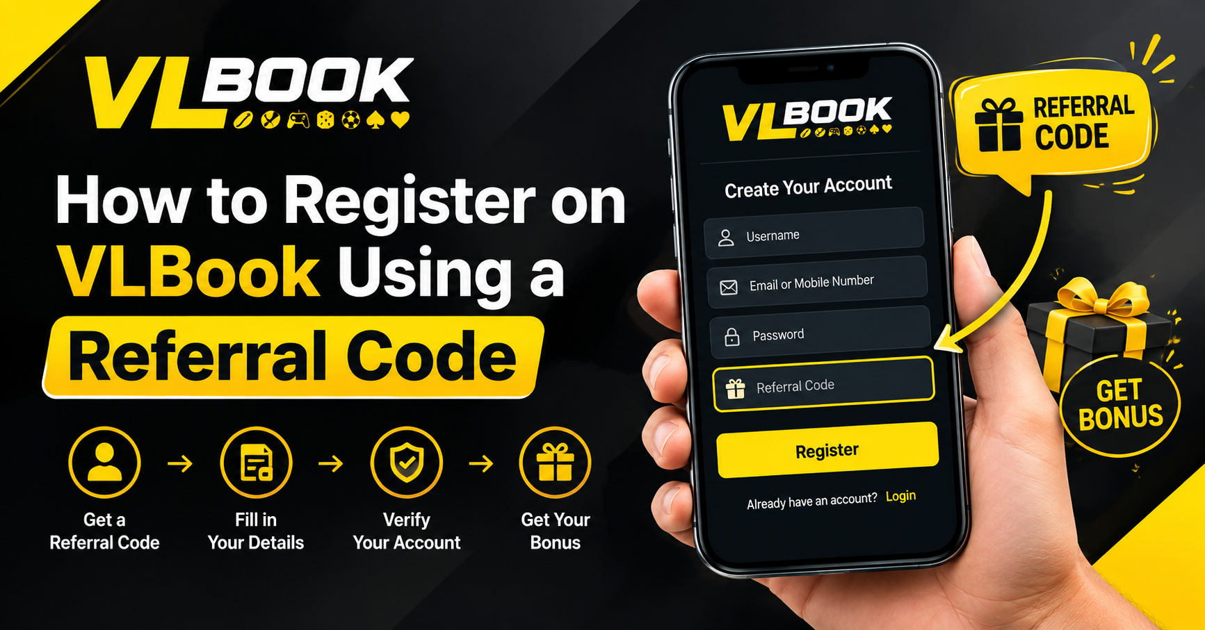 Instructional graphic showing how to sign up on VLBook using a referral code, featuring a smartphone display with a registration form pointing to the referral code box, alongside step-by-step icons.