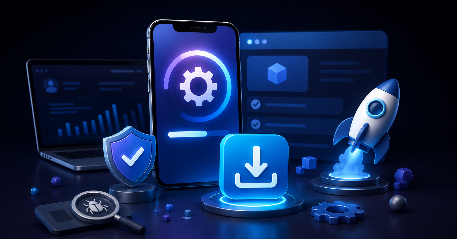 Download VLBook beta version with a smartphone, app update, security shield, download icon, laptop, and testing graphics