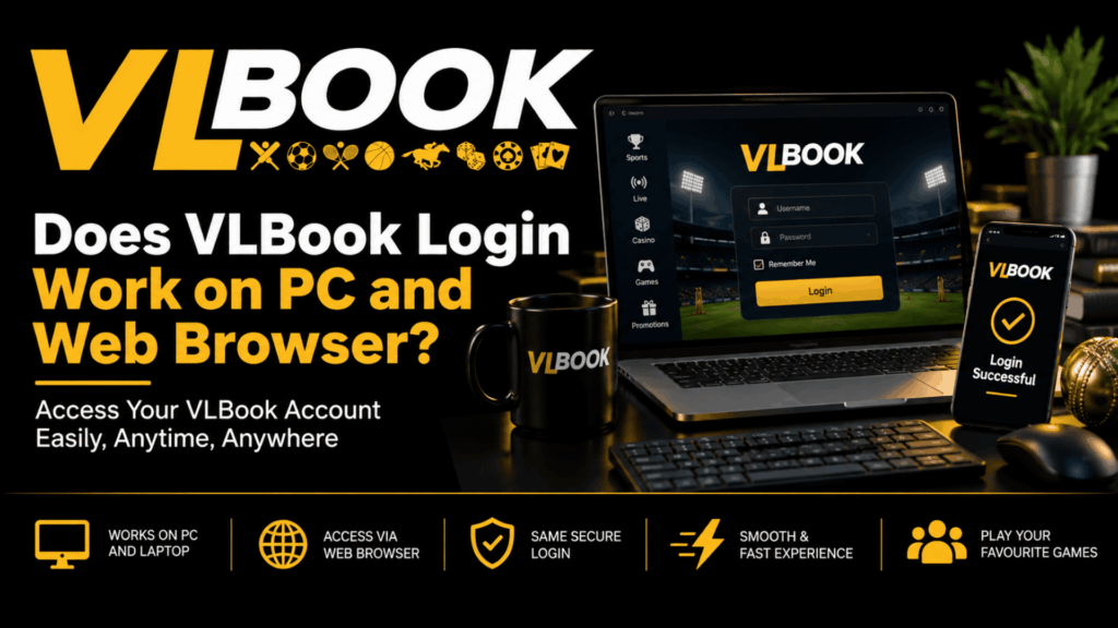VLBook login on a PC web browser with a secure account login screen, laptop, casino chips, playing cards, dice, and sports balls