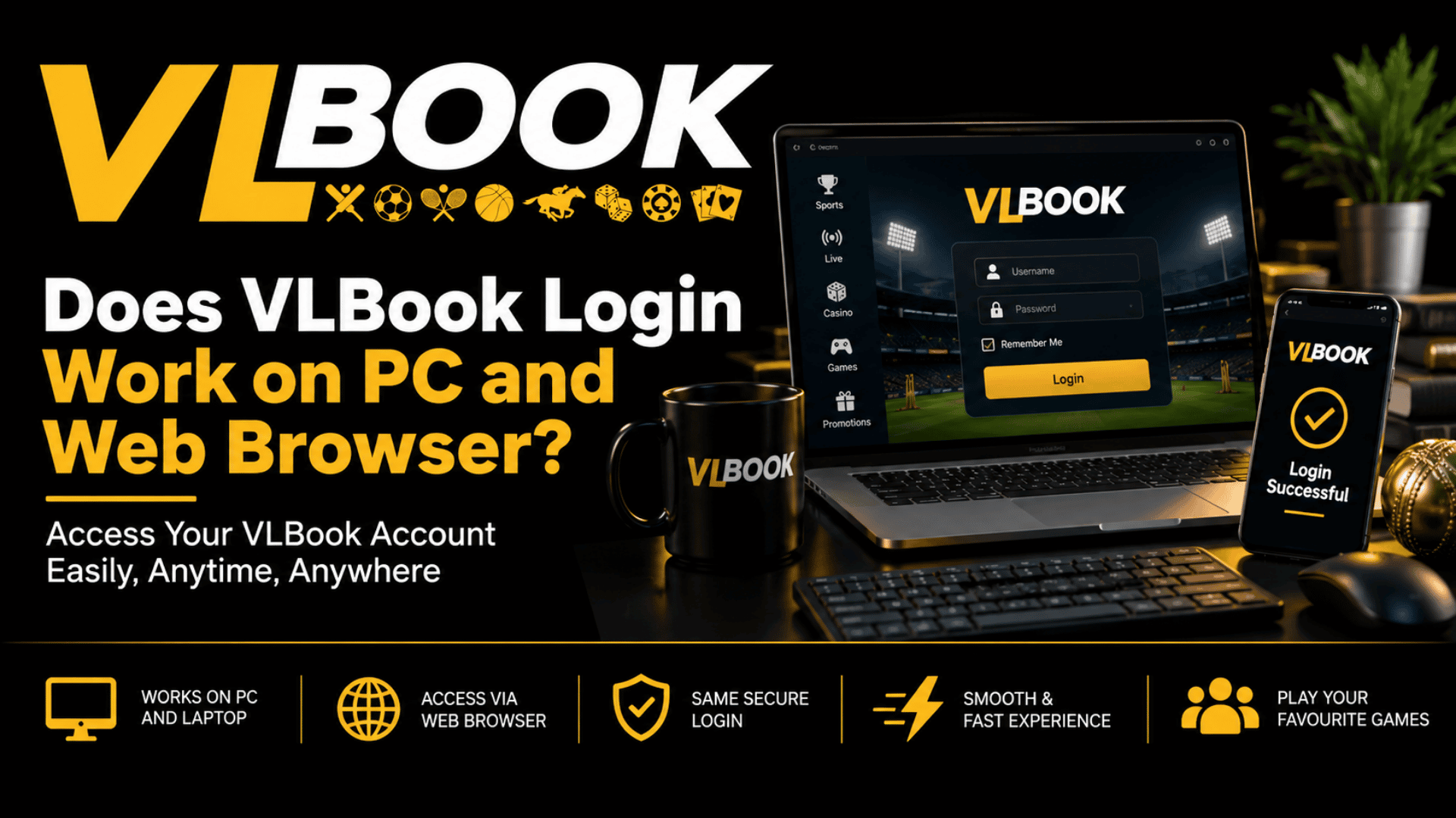 VLBook login on a PC web browser with a secure account login screen, laptop, casino chips, playing cards, dice, and sports balls