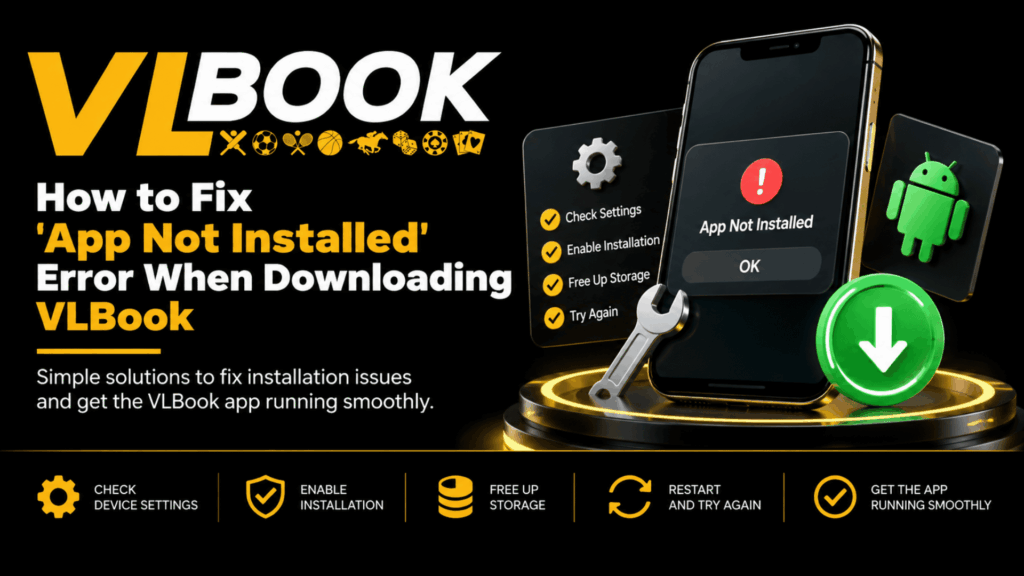 2. Alt Text: 3D illustration of a smartphone displaying 'App Not Installed' error message with VLBook logo, Android icon, and checklist for fixing installation issues including check settings, enable installation, free up storage, and try again