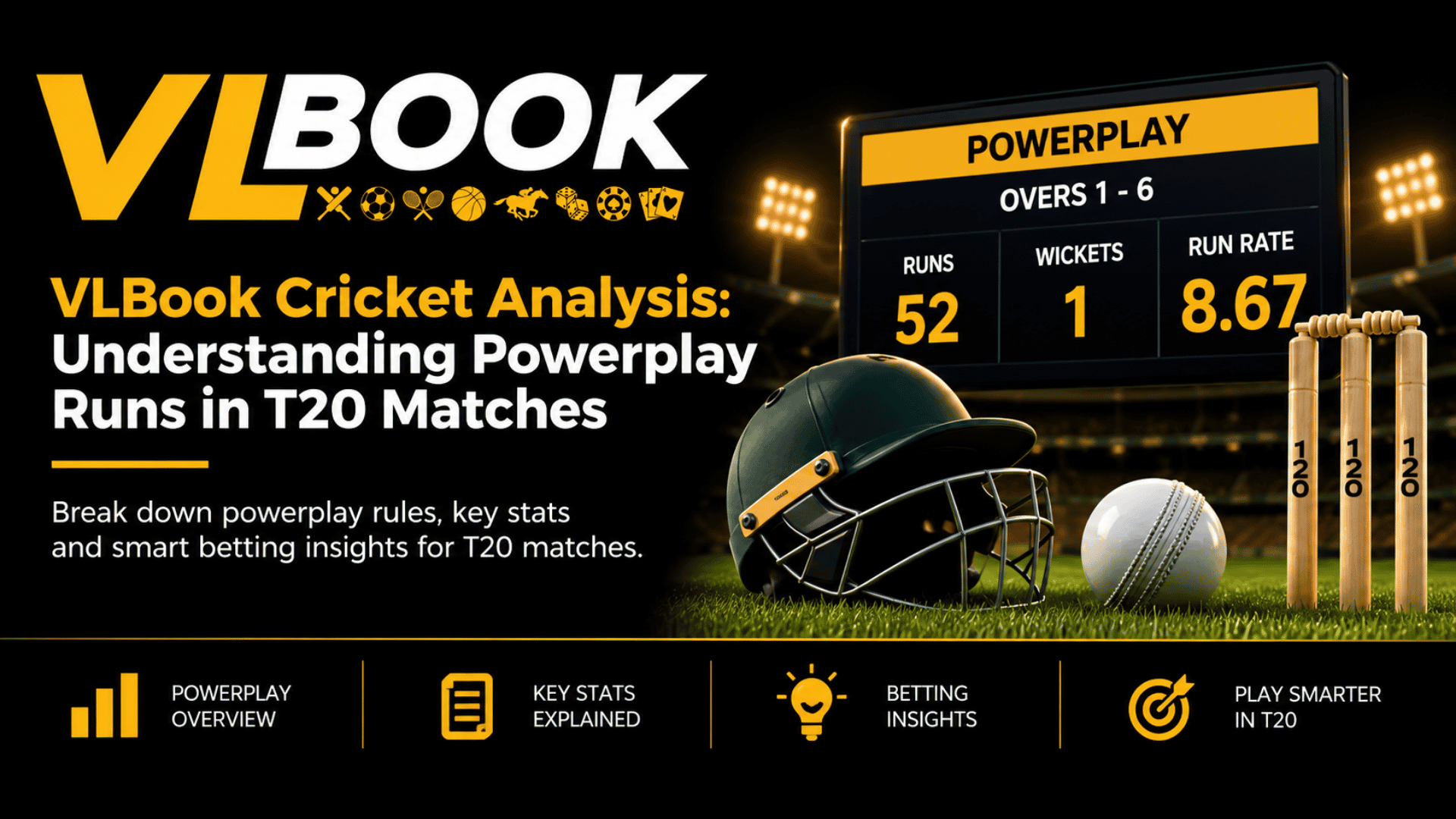 Powerplay Runs in T20 cricket analysis showing an attacking batsman playing a powerful shot during the early overs of a T20 match